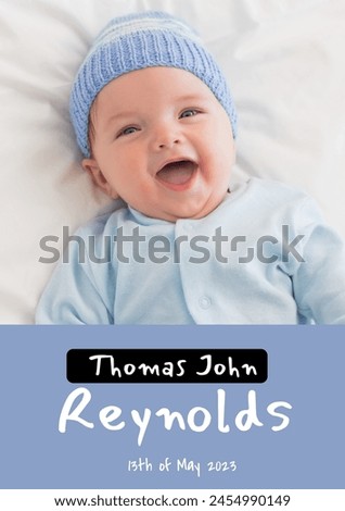 Composition of thomas john reynolds text with birth date over caucasian baby on blue background. Birthday, childhood and communication concept digitally generated image.