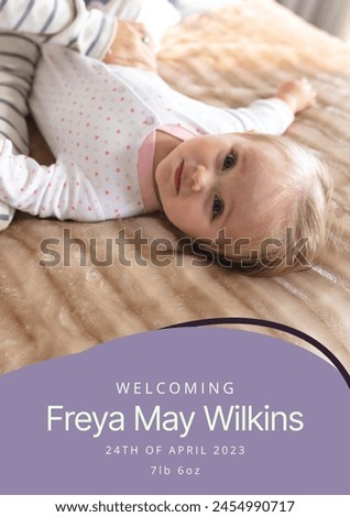 Composition of welcoming freya may wilkins text over caucasian baby on purple background. Birthday, childhood and communication concept digitally generated image.