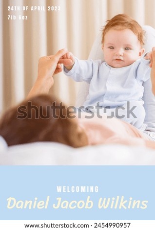 Composition of welcoming daniel jacob wilkins text over caucasian mother and baby. Birthday, childhood and communication concept digitally generated image.