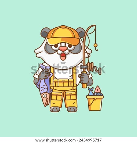 Cute panda fisher fishing animal chibi character mascot icon flat line art style illustration concept cartoon