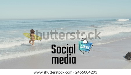 Image of social media over african american woman with surfing board walking on beach. Social media, holidays and vacations concept digitally generated image.