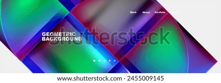 A colorful geometric pattern featuring squares in shades of azure, purple, violet, magenta, and electric blue on a white background. Triangles and rectangles add depth to the design Royalty-Free Stock Photo #2455009145