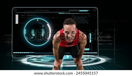 Image of male athlete breathing heavily with scope scanning and data processing. global sport, competition, technology, data processing and digital interface concept digitally generated image.