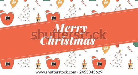 Merry Christmas and Happy New year greeting card template. Playful and cheeky characters in trendy groovy style. Vector illustration