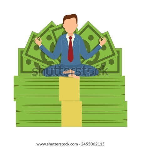Business man sitting meditation on pile dollar banknotes. Wealth meditation concept.Flat, Vector, Illustration, Cartoon, EPS10.   