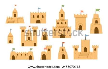 Set of Beach sand castles vector illustration in a cartoon flat style isolated on white background. Fort of fortress with towers gates and flag
