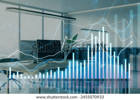 Creative blurry office interior growing forex chart. Trade, finance and stock concept. Double exposure