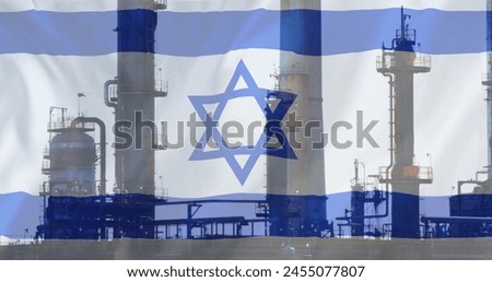 Image of oil platform over flag of israel. Palestine israel conflickt, finance, business and data processing concept digitally generated image.