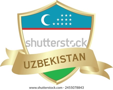 Flag of uzbekistan as around the metal gold shield with uzbekistan flag