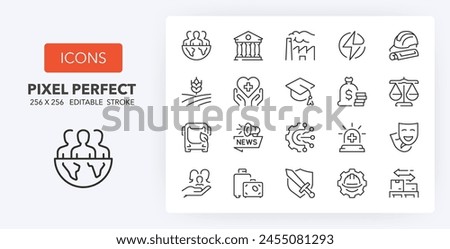 Line icons about society sectors. Contains such icons as industry, public sectors, trade and more. Editable vector stroke. 256 Pixel Perfect scalable to 128px... Royalty-Free Stock Photo #2455081293