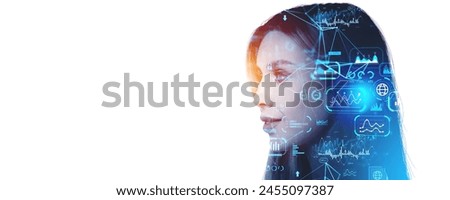Smiling businesswoman profile silhouette, double exposure virtual screen with forex and stock market graph chart icons. Concept of big business data, investment and global marketing. Copy space