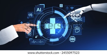 A human hand interacts with an artificial intelligence robotic hand with medical icons and a digital interface on dark background, illustrating healthcare technology