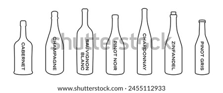 Wine bar menu illustration. Wine types collection. Alcohol bottles icon set. Champagne bottle symbol. Sauvignon, chardonnay, cabernet and zinfandel design outline isolated. Royalty-Free Stock Photo #2455112933