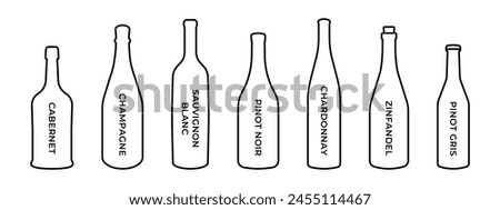 Wine bar menu illustration. Red wine types collection. Alcohol bottles icon set. Champagne bottle sign. Sauvignon, chardonnay, cabernet and zinfandel design outline isolated. Royalty-Free Stock Photo #2455114467