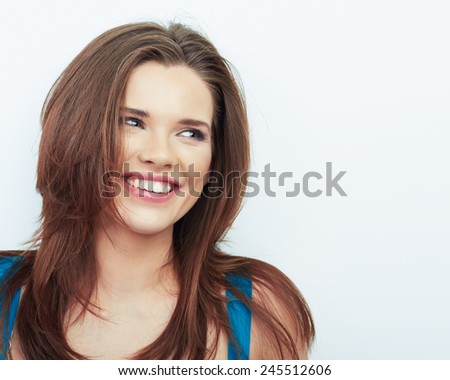 Portrait of Beautiful Woman. isolated white background. Young smiling model with long brown hair.