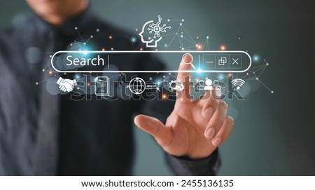 SEO Search Engine Optimization concept. Businessman touch AI, SEO icon on websites to rank search engines or SEO. Search with Ai assistant, search on screen. Artificial Intelligence data technology