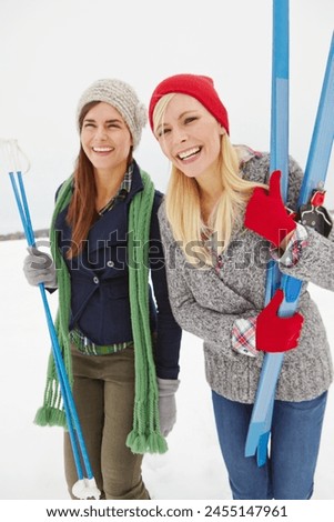 Women, friends and snow to ski in portrait on holiday for fitness, adventure and outdoor in mountain with smile. Person, happy and winter sports equipment for game at vacation resort in Switzerland