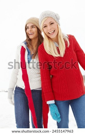 Laughing, women and snow in Switzerland for joke, game and enjoyment together on holiday. Happy friends, humor and funny for bonding, wellness and friendship on vacation in countryside and adventure