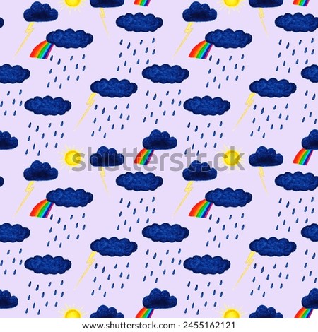 Seamless raster pattern of rainy weather. Rain, thunderstorm, clouds on a lilac background. Pattern for the fabric of jackets and overalls, children's bright drawings of the weather.