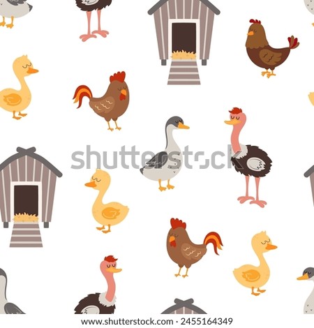 funny farm birds seamless pattern, cartoon background with goose, hen, cock, duck ostrich, creative kids texture for fabric, wrapping, textile, wallpaper, apparel