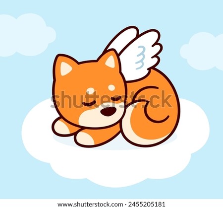 Cute angel dog with wings sleeping on cloud in heaven. Pet death loss greeting card. Shiba Inu drawing, vector illustration.