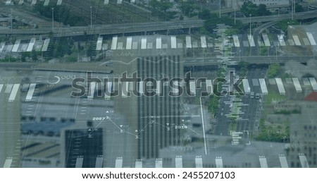 Image of financial data processing over cityscape. global finance, business and digital interface concept digitally generated image.
