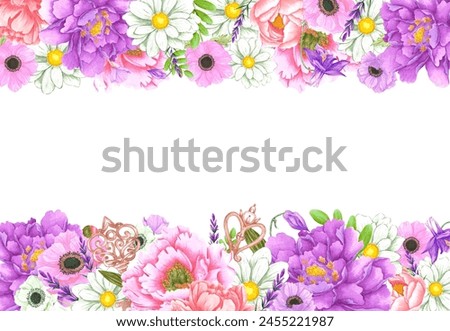 Hand drawn watercolor flowers with vintage keys frame border isolated on white background. Can be used for post card, label and other printed products