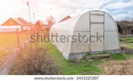 Greenhouse for plants on polycarbonate foundation close-up, concept of summer garden and gardening. Polycarbonate plant greenhouse