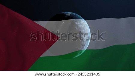 Image of globe over flag of palestine. Palestine israel conflict, finance, business and global politics concept digitally generated image.