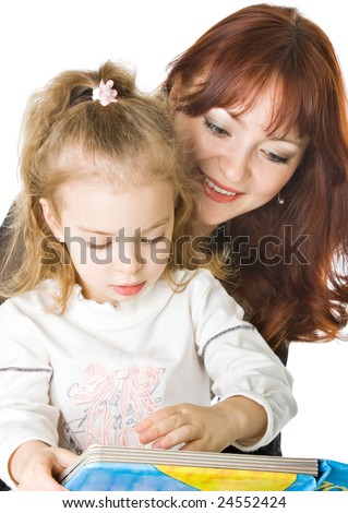 A mother and a daughter reading a book. Isolated on white background