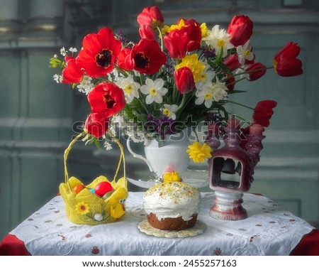 Easter still life with bouquet of flowers