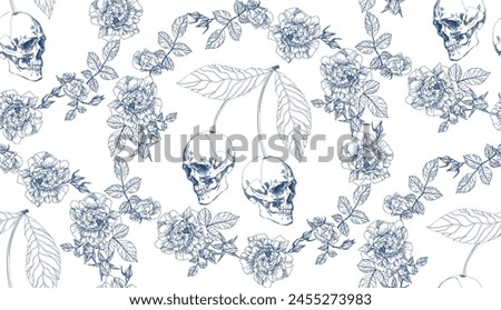 Skull-cherry vintage pattern with roses and leaves on transparent background