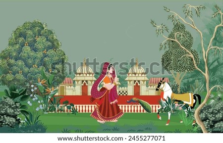 Traditional Mughal queen in garden with horse landscape wallpaper. Mughal palace Jaipur in Rajasthani style wallpaper.