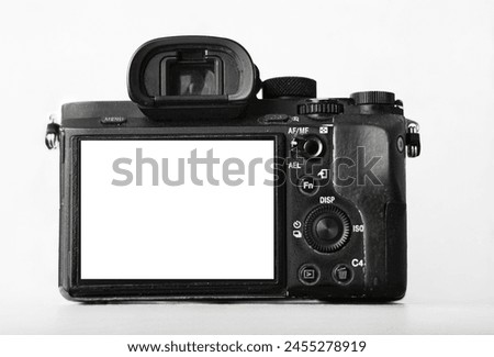  Full Frame mirrorless camera. photo Camera. side, rear view of body. empty mockup white monitor, blank screen. mock up. visor