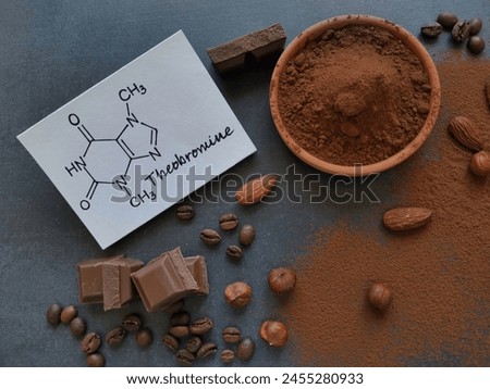 Chemical formula of theobromine molecule with dark chocolate and cocoa powder. Theobromine is an alkaloid compound found naturally in the cocoa plant. Cacao and chocolate as sources of theobromine. Royalty-Free Stock Photo #2455280933