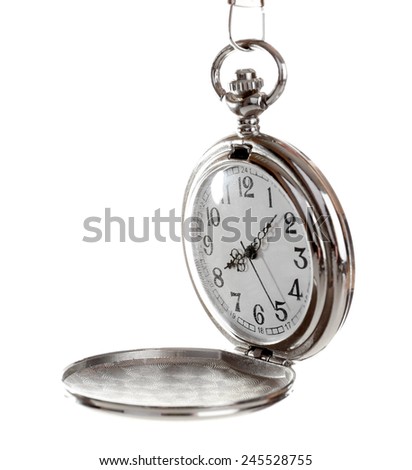 Silver pocket clock isolated on white