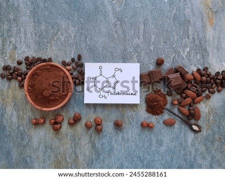 Chemical formula of theobromine molecule with dark chocolate and cocoa powder. Theobromine is an alkaloid compound found naturally in the cocoa plant. Cacao and chocolate as sources of theobromine. Royalty-Free Stock Photo #2455288161
