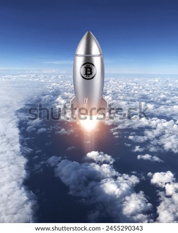 Silver rocket launch with a bitcoin sign on sky background. Minimal investment concept.