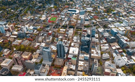 Downtown of Portland, Oregon, the USA with high-rise architecture. Twilight view of the city