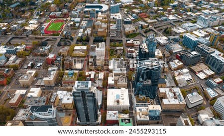 Downtown of Portland, Oregon, the USA with high-rise architecture. Twilight view of the city