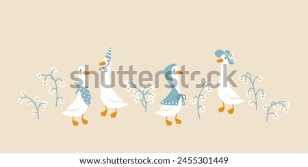 Goose vector collection. Cute cartoon characters between blooming meadow flowers in funny clothes in simple hand-drawn style. The limited vintage palette is perfect for baby prints