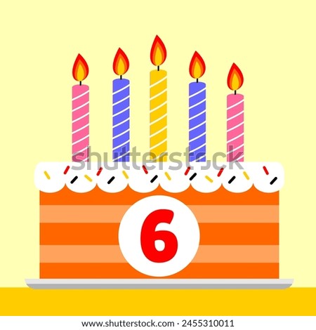 6th happy birthday cake with red numeric and yellow background. element celebration of kids birthday cartoon style. editable eps 10