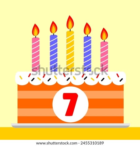7th happy birthday cake with red numeric and yellow background. element celebration of kids birthday cartoon style. editable eps 10