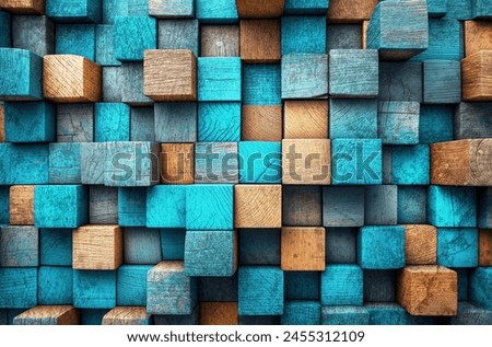 Empty old,cracked and grungy dark wood wall texture backgrounds. Dark wooden cubes background. Frontal view. Free copy space.