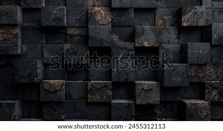 Empty old,cracked and grungy dark cement or stone wall texture backgrounds.Dark stone cubes background. Frontal view. Free copy space.
