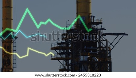 Image of financial data processing over chimneys. global finance, business and digital interface concept digitally generated image.