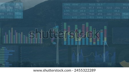 Image of financial data processing over wind turbines. global finance, business and digital interface concept digitally generated image.