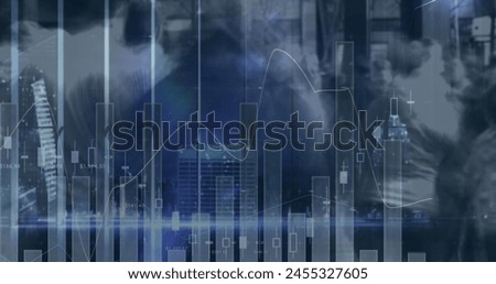 Composite image of statistical data processing against time lapse of people walking on the street. business and technology concept