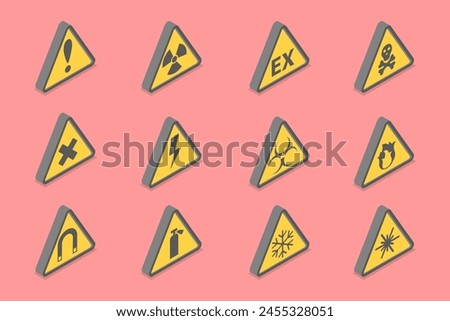 3D Isometric Flat Vector Set of Warning Signs, Safety and Caution Tags