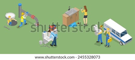 3D Isometric Flat Vector Illustration of Plumbers, Pipeline Repair, Clogged Toilet, Sewer Cleaning